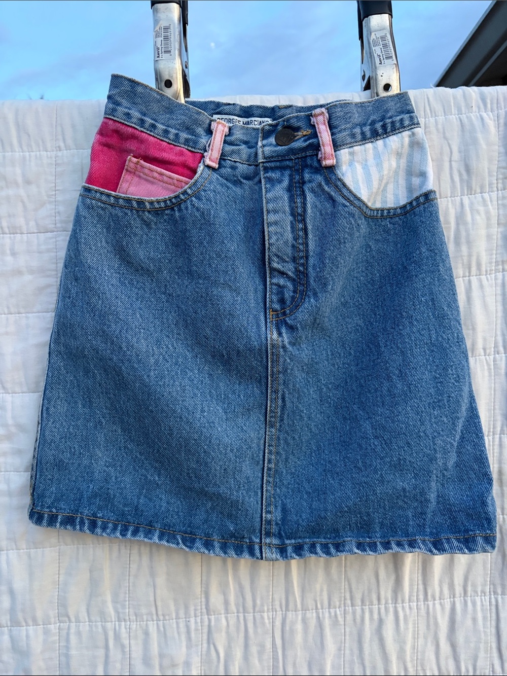 Guess by Marciano Blue Denim Mini Skirt with Pink Pocket Accents y2k